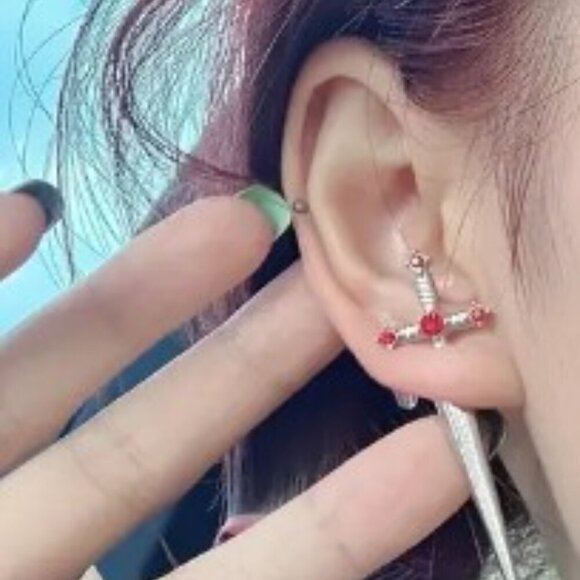 Unisex Gothic Punk Sword Stud Earrings Silver Alloy with Sparkling Red Crystals - Picture 2 of 5